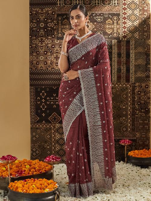 women solid with work embroidered saree with blouse - 21939150 - Standard Image - 0