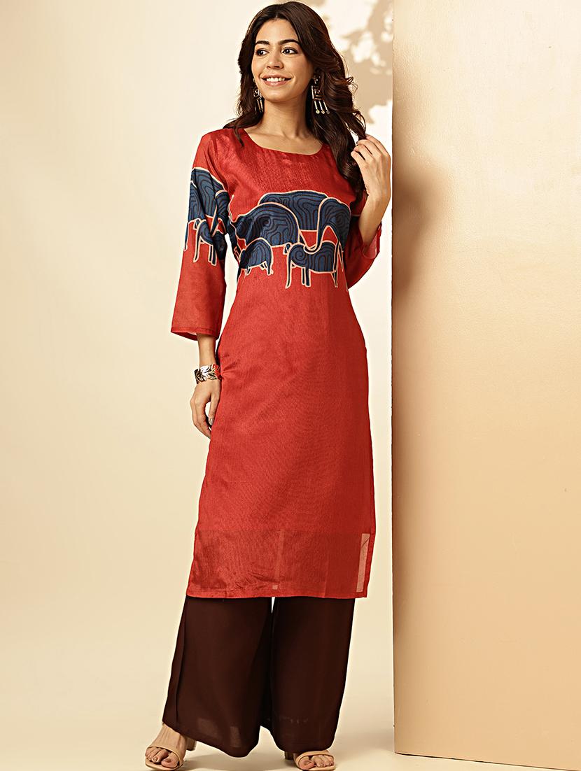 women three quarter sleeve straight kurta - 21939244 -  Standard Image - 1