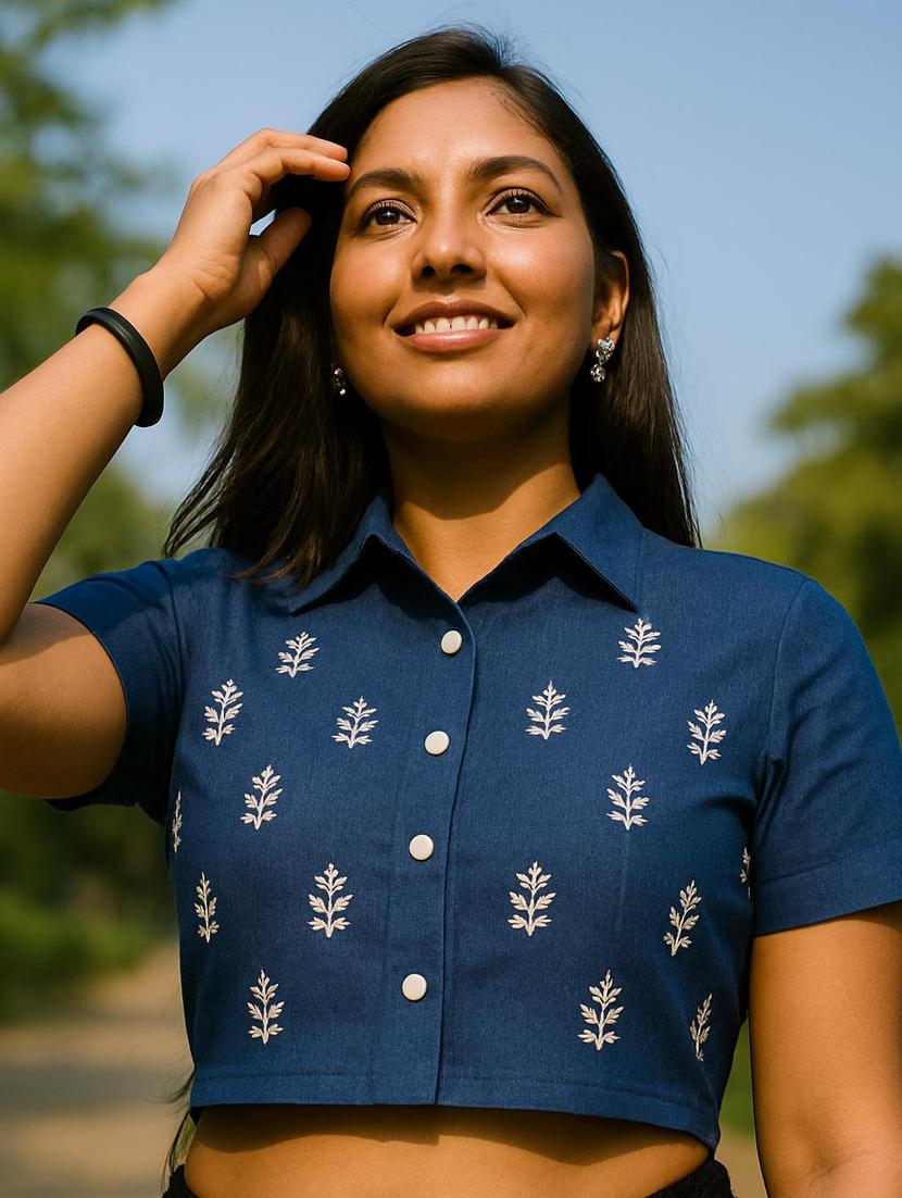 women embroidered collared denim shirt style top - 21939351 - Standard Image - 1