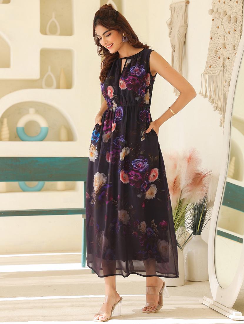 women floral print sleeveless a-line dress with pocket - 21939362 - Standard Image - 1