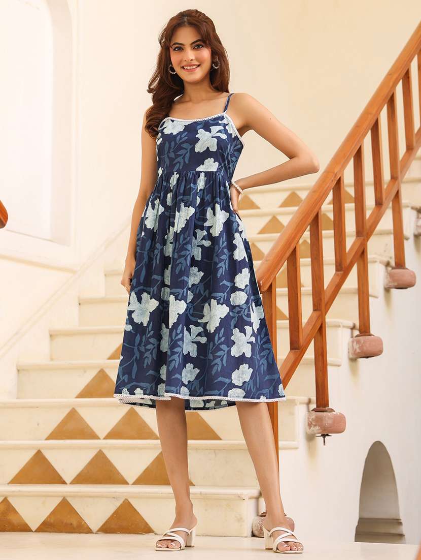 women printed shoulder strap fit & flare dress