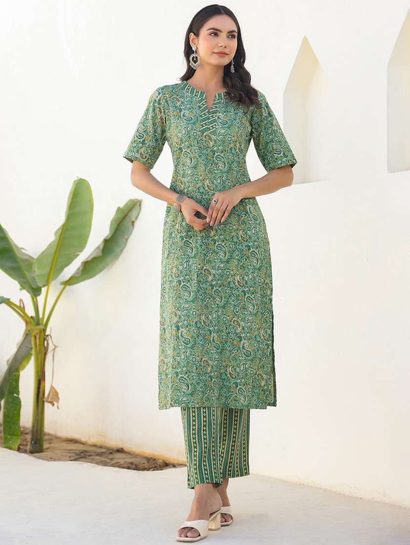 women green short sleeve kurta pant set