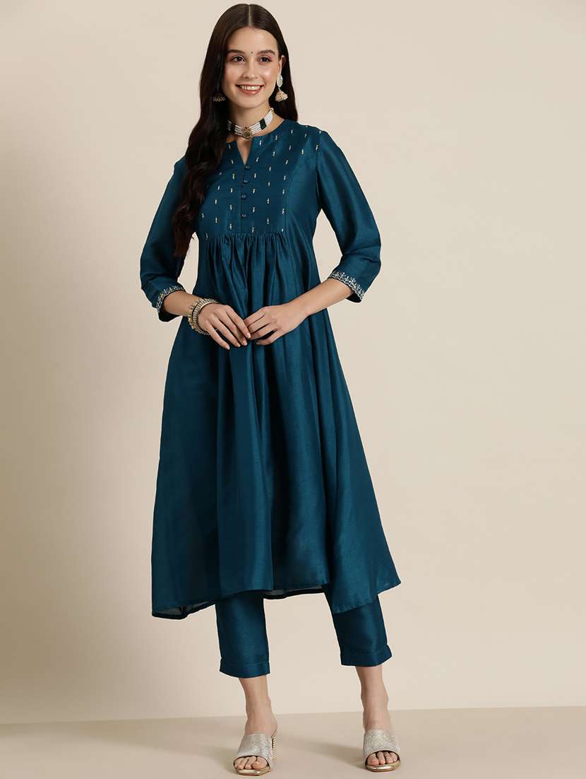 women teal three quarter sleeve a-line kurta