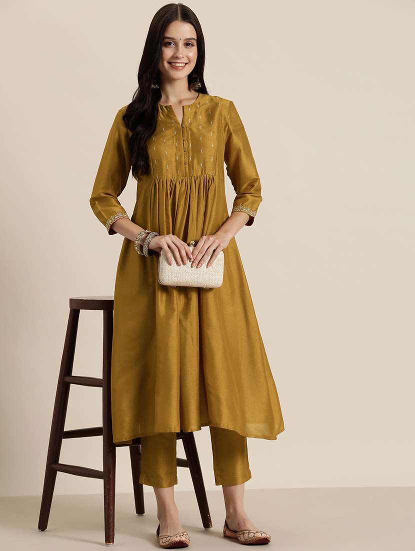 women mustard three quarter sleeve a-line kurta