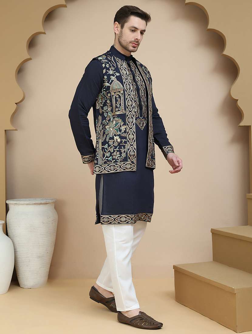 men mandarin neck kurta pyjama with jacket ethnic wear set - 21939513 -  Standard Image - 1