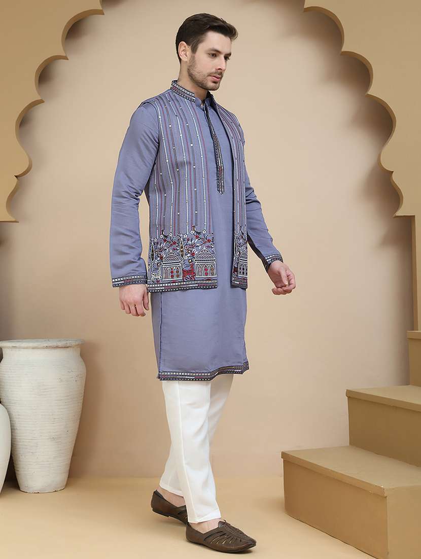 men mandarin neck kurta pyjama with jacket ethnic wear set - 21939514 -  Standard Image - 1