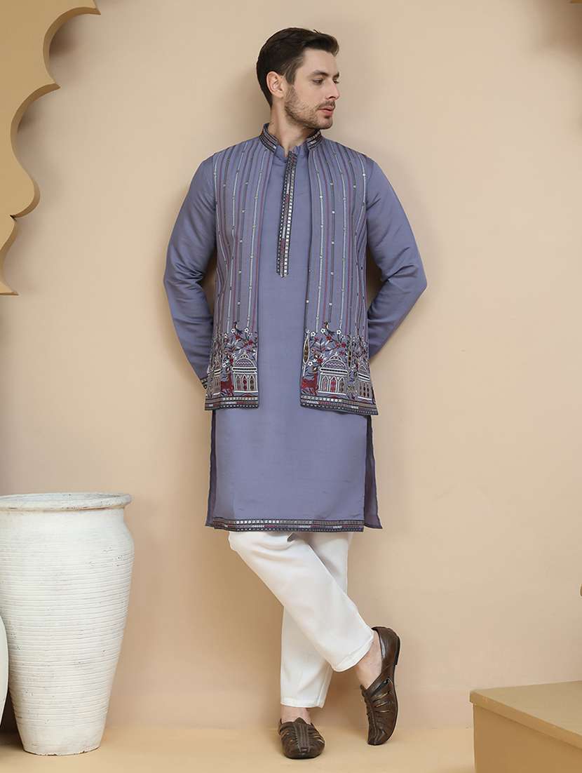 men mandarin neck kurta pyjama with jacket ethnic wear set - 21939514 - Standard Image - 4