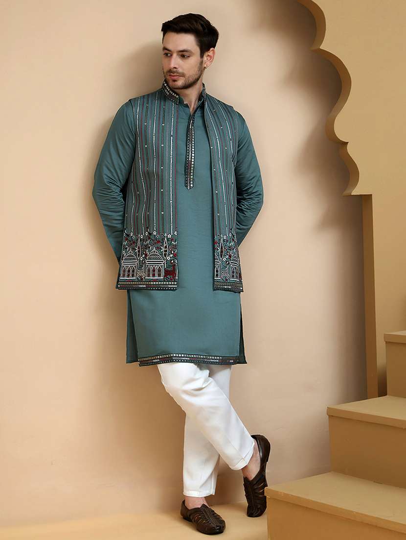men mandarin neck kurta pyjama with jacket ethnic wear set - 21939515 - Standard Image - 1