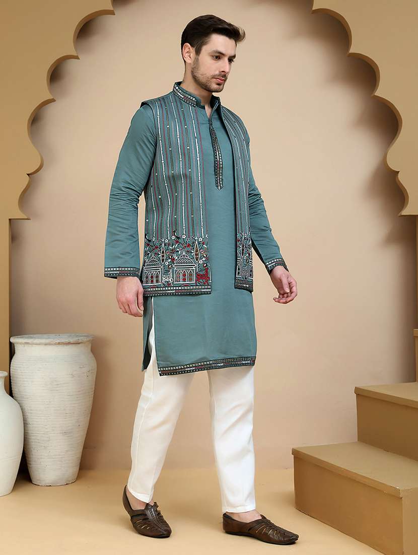 men mandarin neck kurta pyjama with jacket ethnic wear set - 21939515 - Standard Image - 4