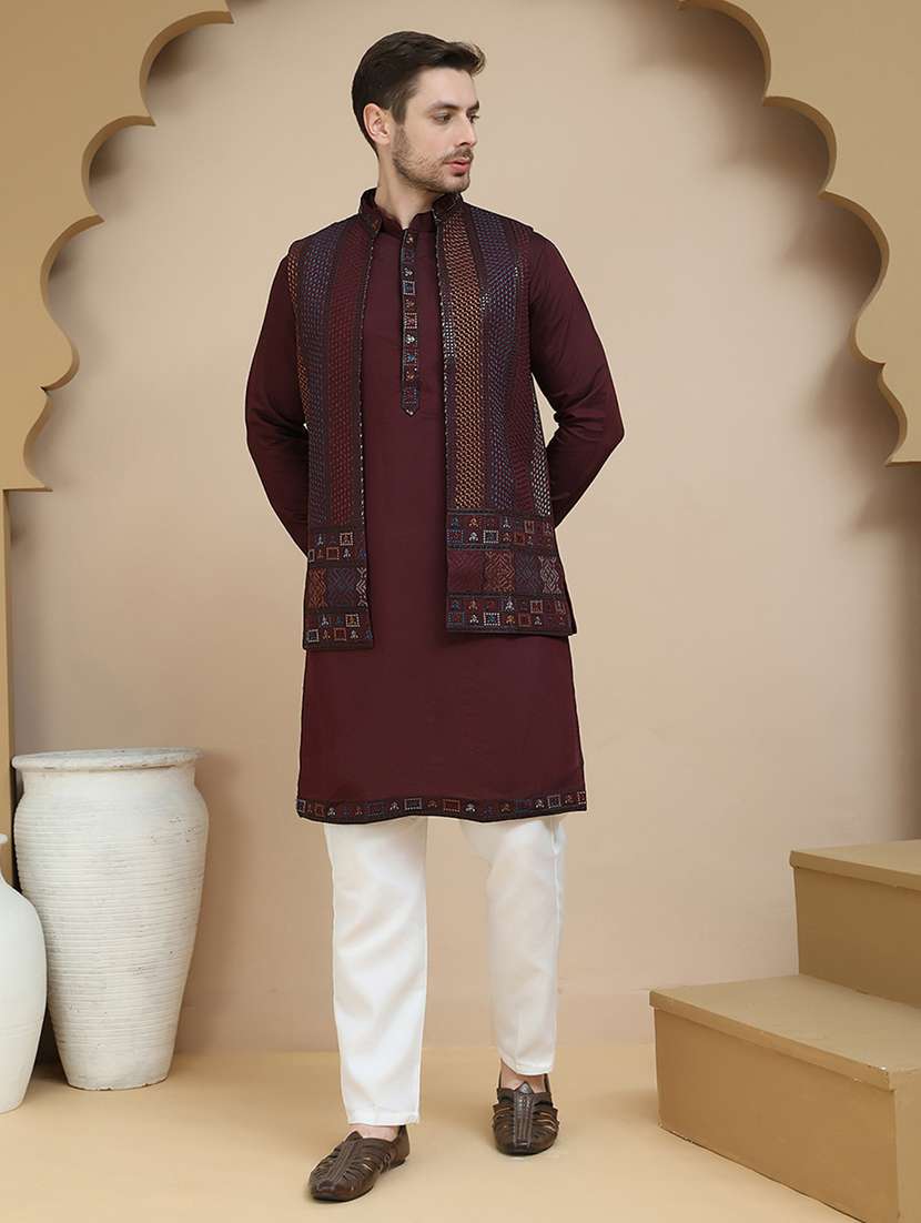 men mandarin neck kurta pyjama with jacket ethnic wear set - 21939516 -  Standard Image - 1