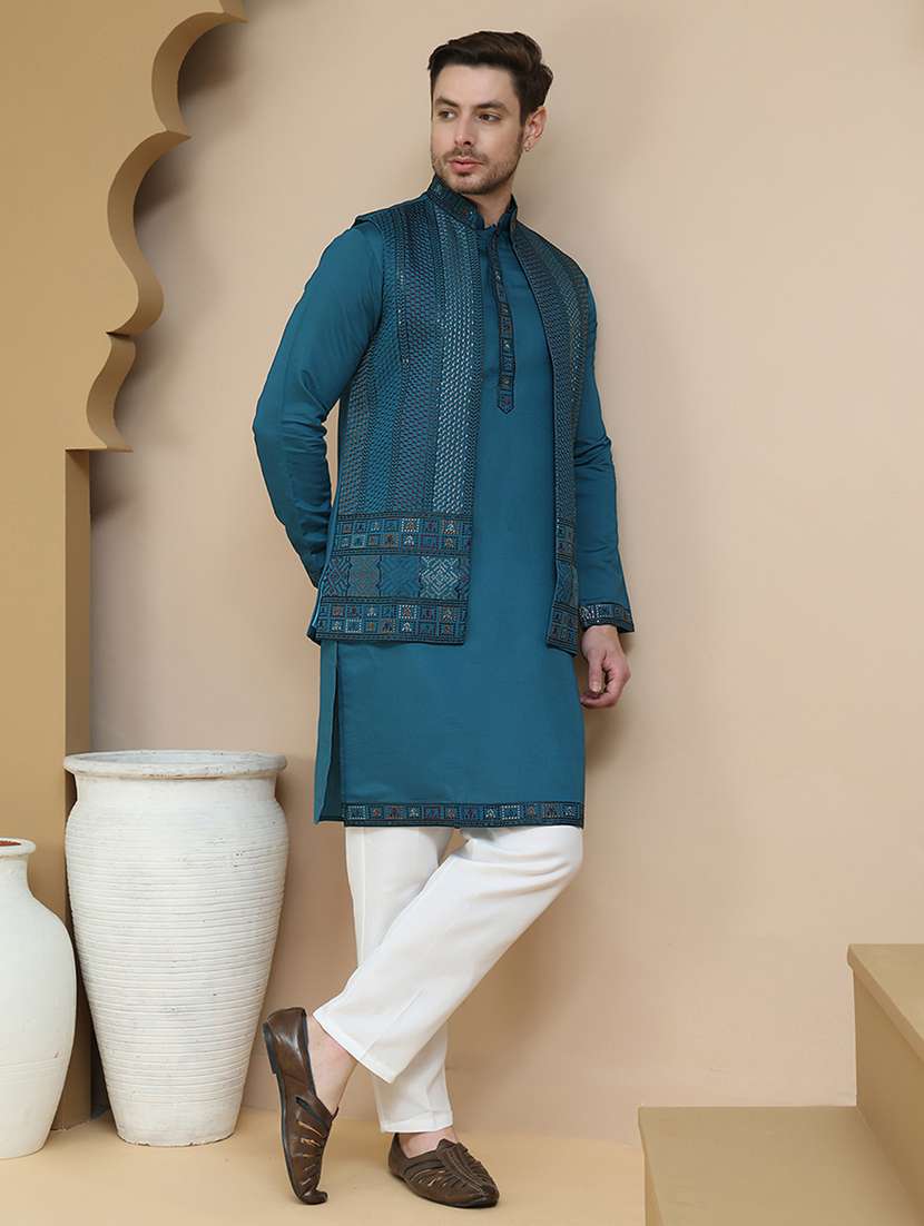 men mandarin neck kurta pyjama with jacket ethnic wear set - 21939517 -  Standard Image - 1