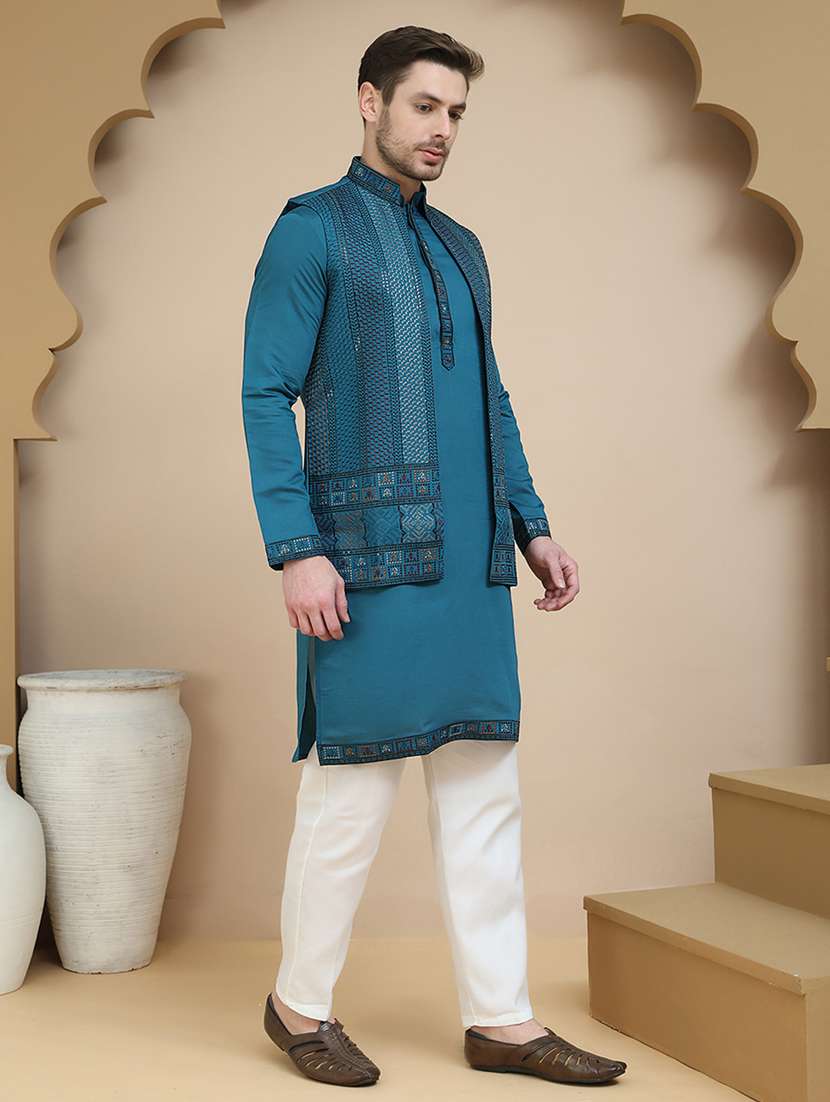 men mandarin neck kurta pyjama with jacket ethnic wear set - 21939517 - Standard Image - 4