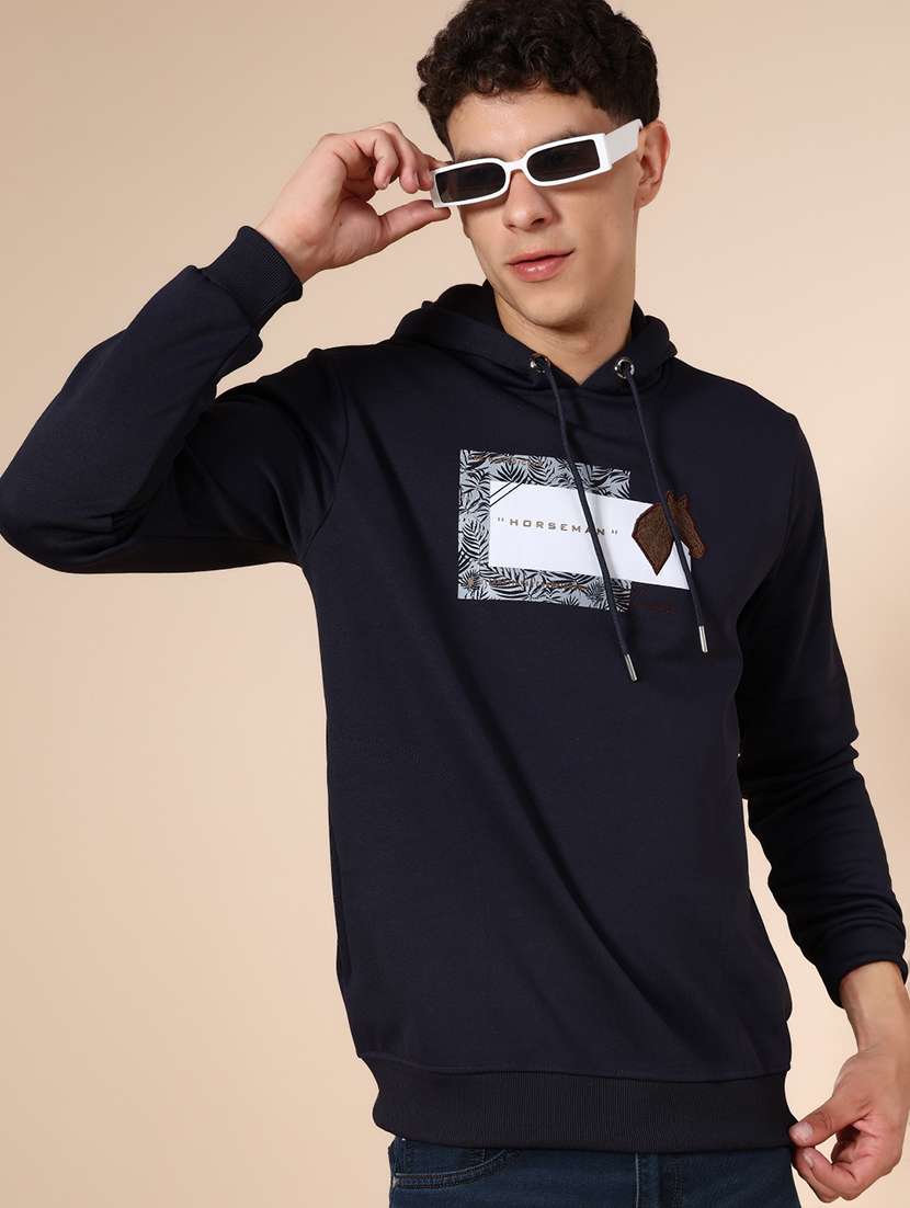 men chest print long sleeve hooded sweatshirt