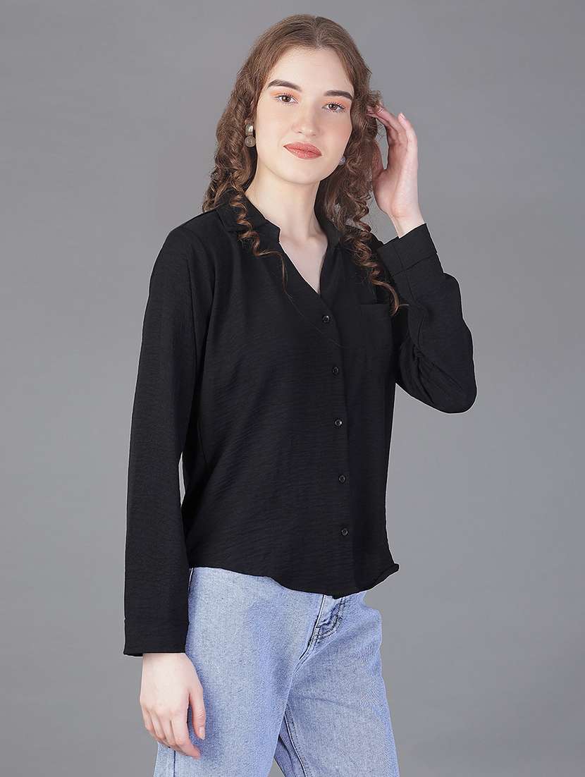 women solid collared long sleeve shirt - 21939761 -  Standard Image - 1