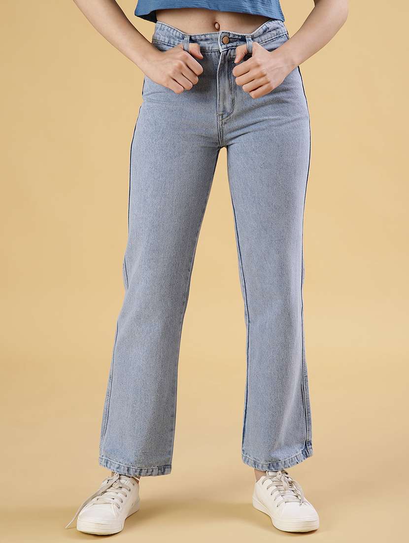 women solid mid rise staright fit jean