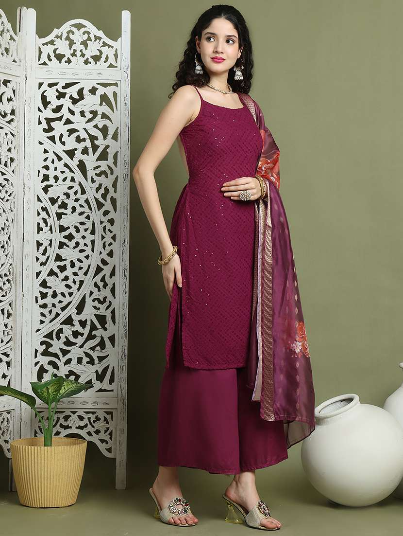 women embroidered sleeveless kurta palazzo with dupatta set - 21940064 -  Standard Image - 1