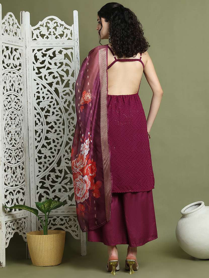 women embroidered sleeveless kurta palazzo with dupatta set - 21940064 -  Standard Image - 4