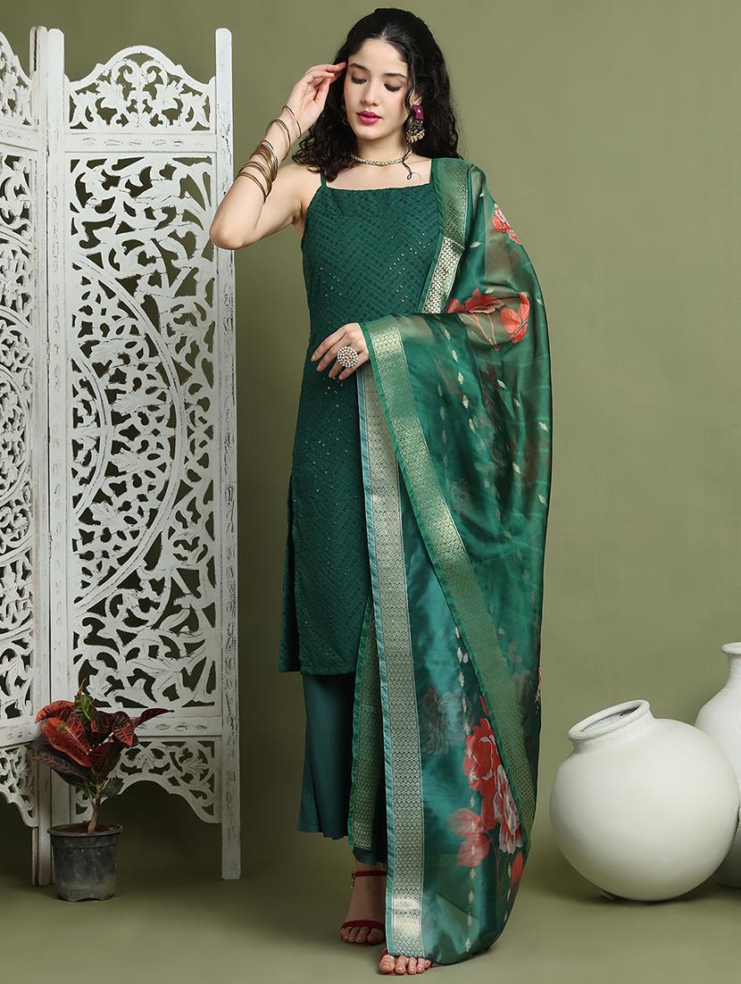women embroidered sleeveless kurta palazzo with dupatta set - 21940065 - Zoom Image - 0
