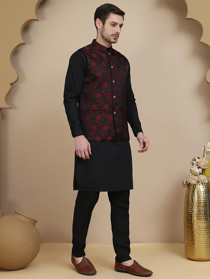 men mandarin neck kurta pyjama with jacket ethnic wear set - 21940186 - Standard Image - 1