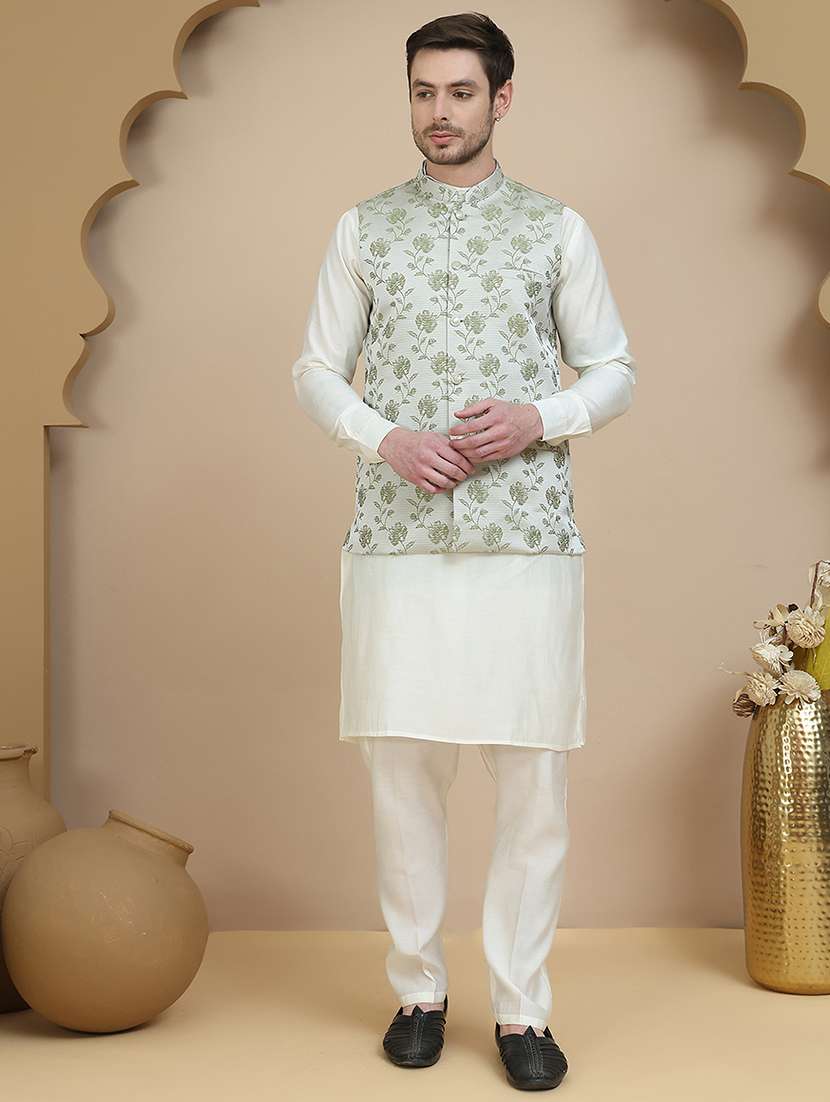 men mandarin neck kurta pyjama with jacket ethnic wear set