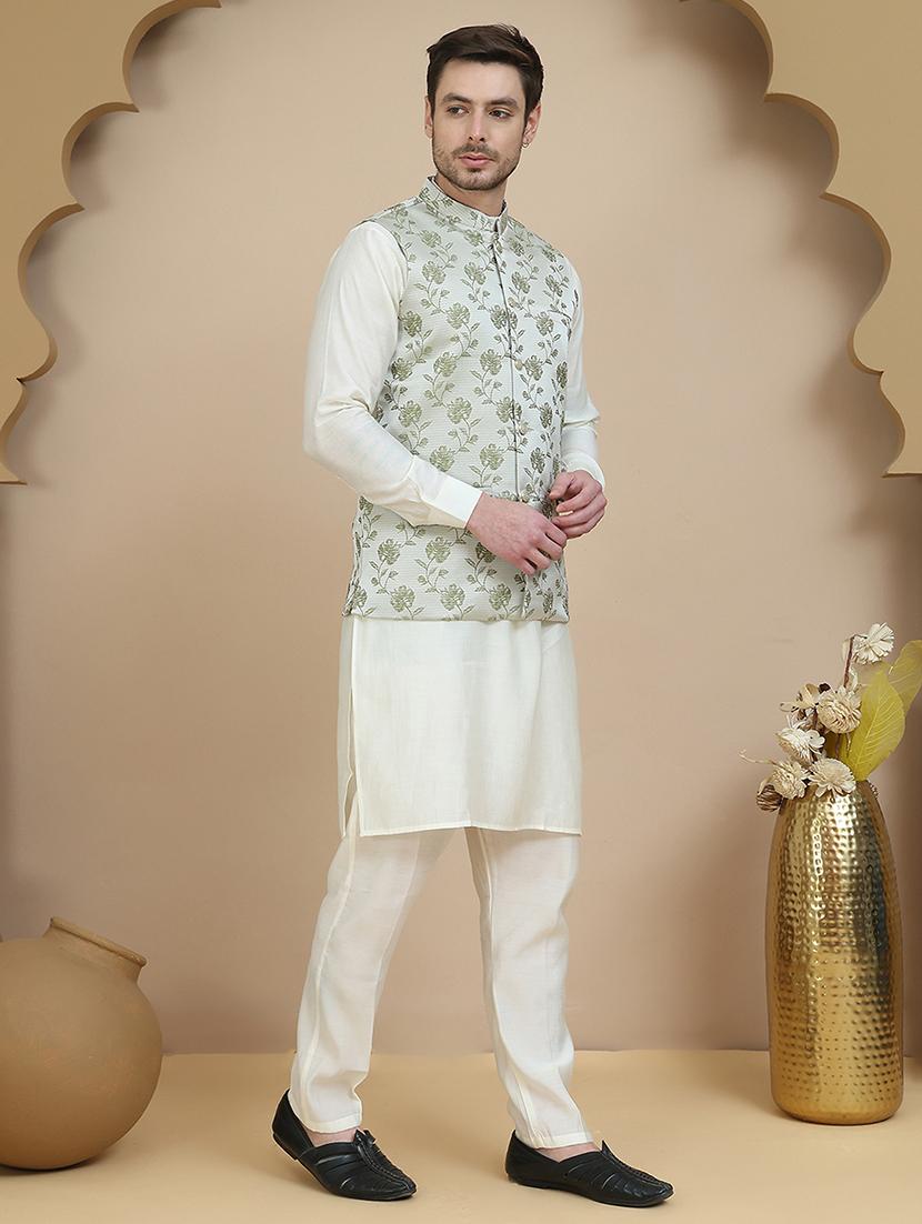 men mandarin neck kurta pyjama with jacket ethnic wear set - 21940187 - Standard Image - 1