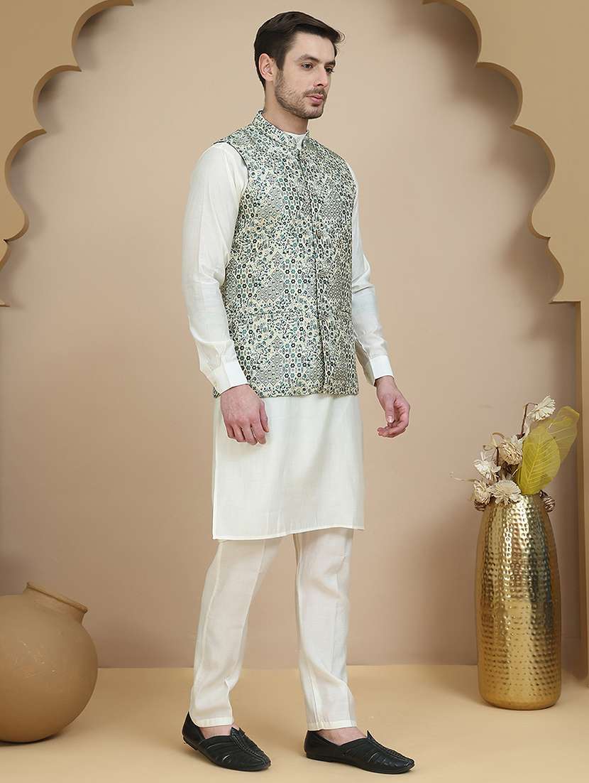 men mandarin neck kurta pyjama with jacket ethnic wear set - 21940189 -  Standard Image - 1