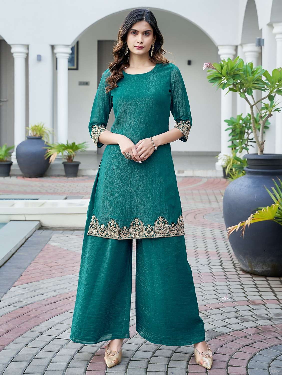 women embellisged kurta and palazzo set - 21940214 -  Standard Image - 1