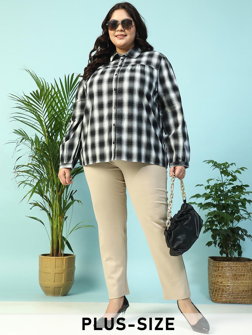 women plus size collared checkered long sleeve shirt - 21940235 - Zoom Image - 0