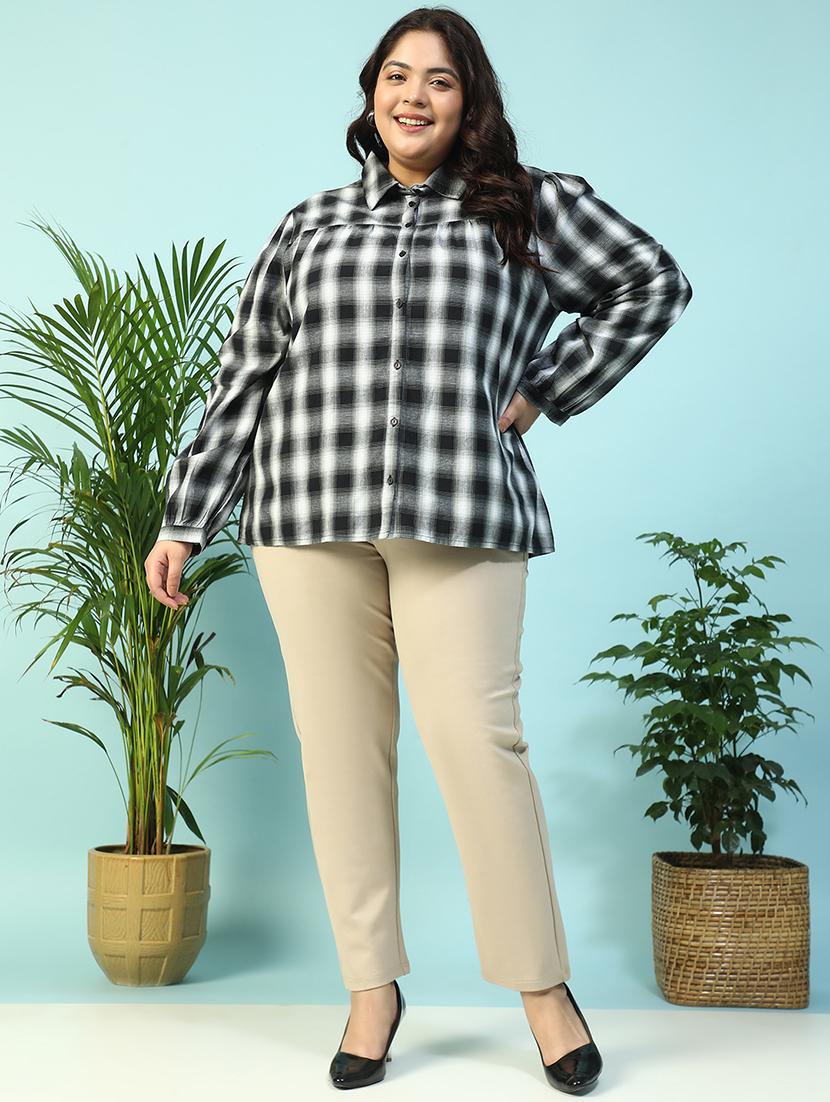 women plus size collared checkered long sleeve shirt - 21940235 - Standard Image - 6