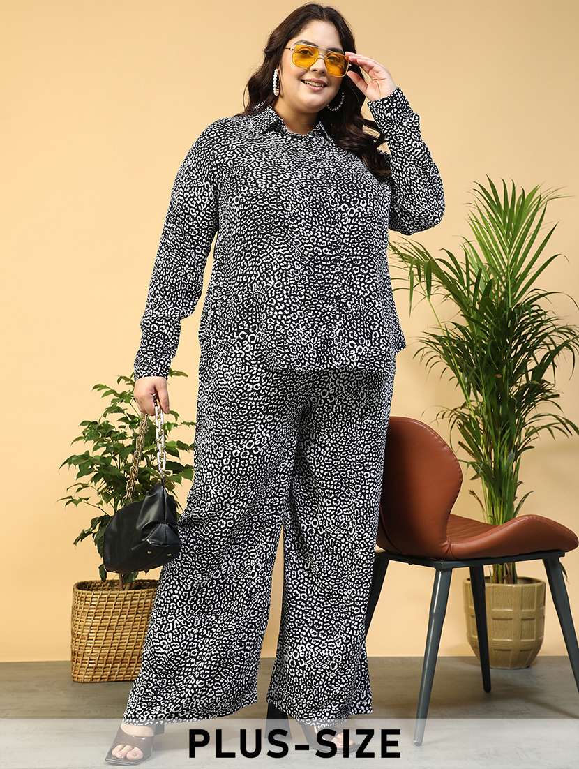 women plus size collared animal print long sleeve shirt