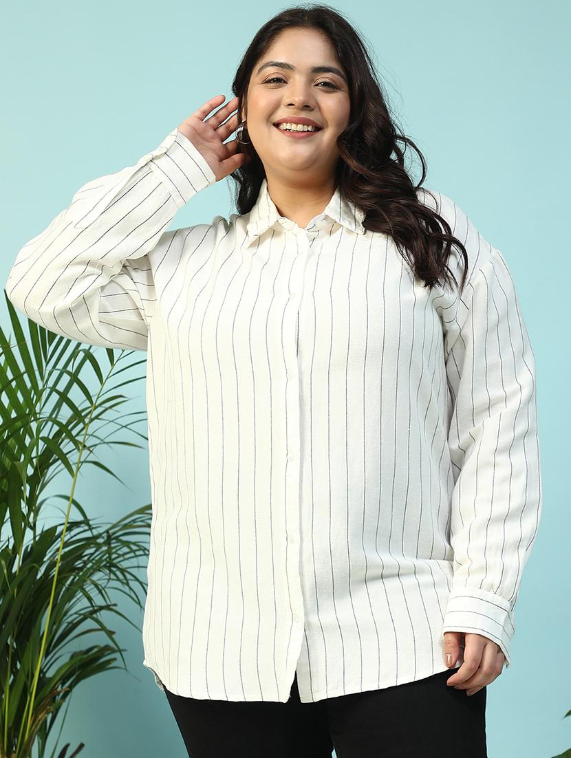 women plus size collared striped long sleeve shirt - 21940243 - Standard Image - 1