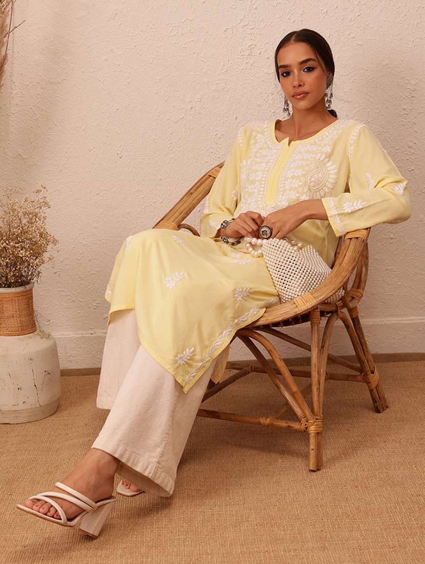 women chikankari long sleeve straight kurta