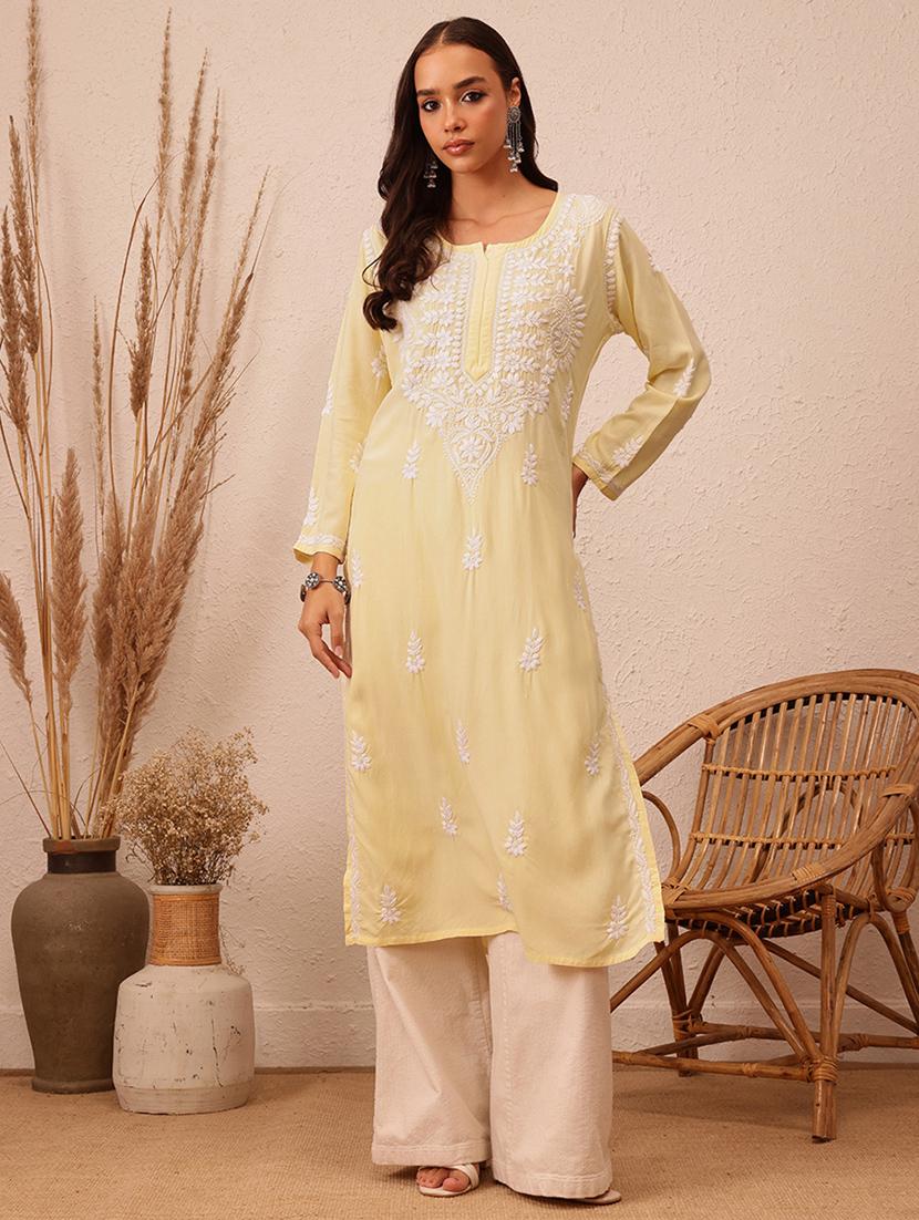 women chikankari long sleeve straight kurta - 21940268 - Standard Image - 1