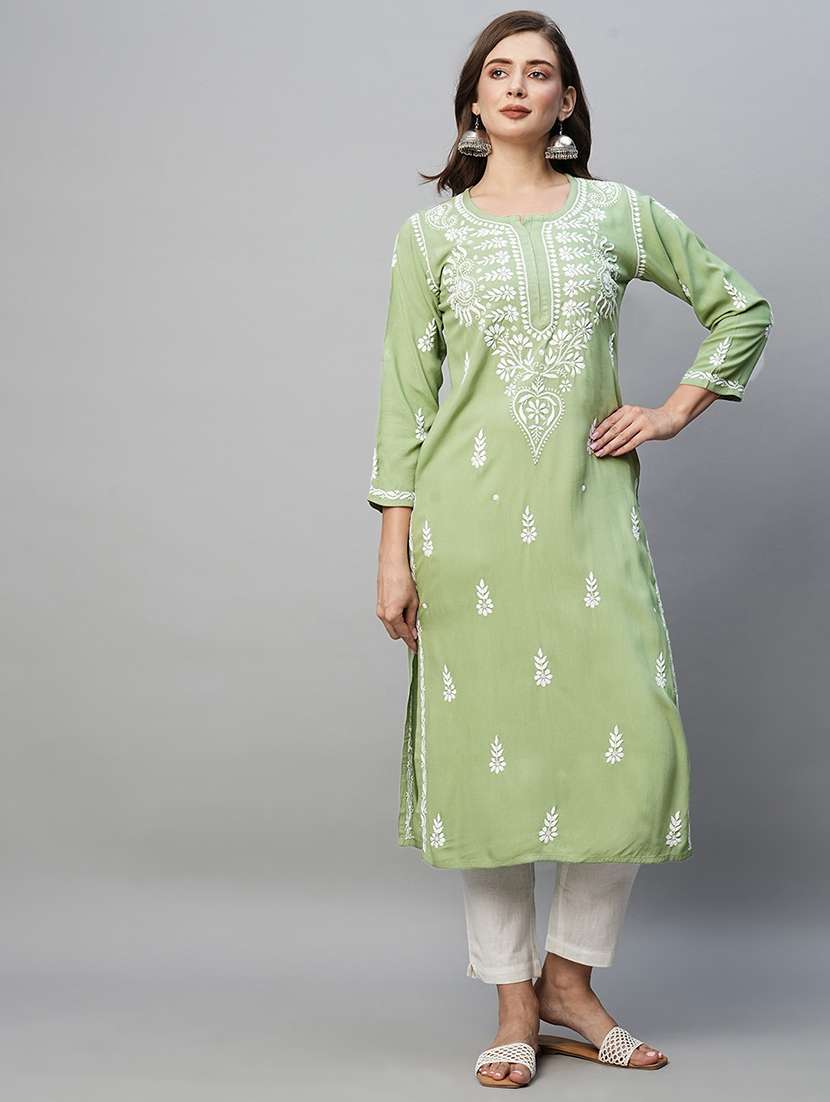 women chikankari long sleeve straight kurta - 21940269 -  Standard Image - 1