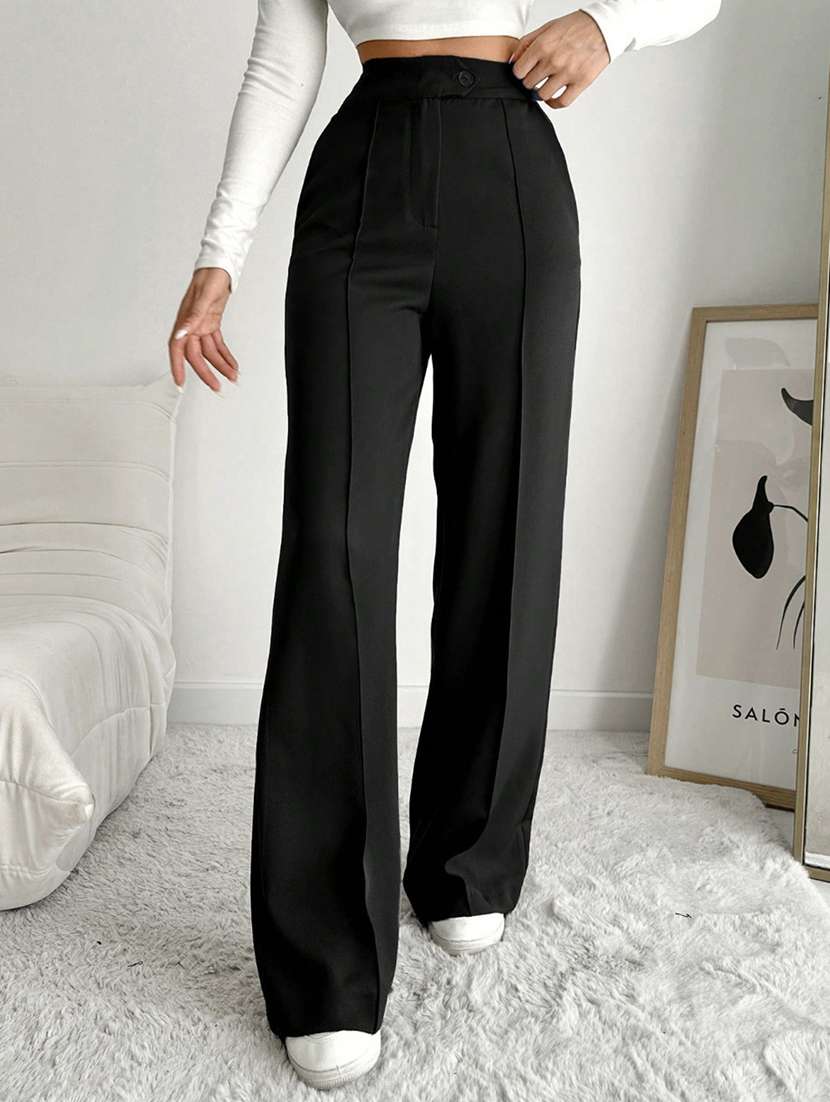 women solid high rise wide leg trouser