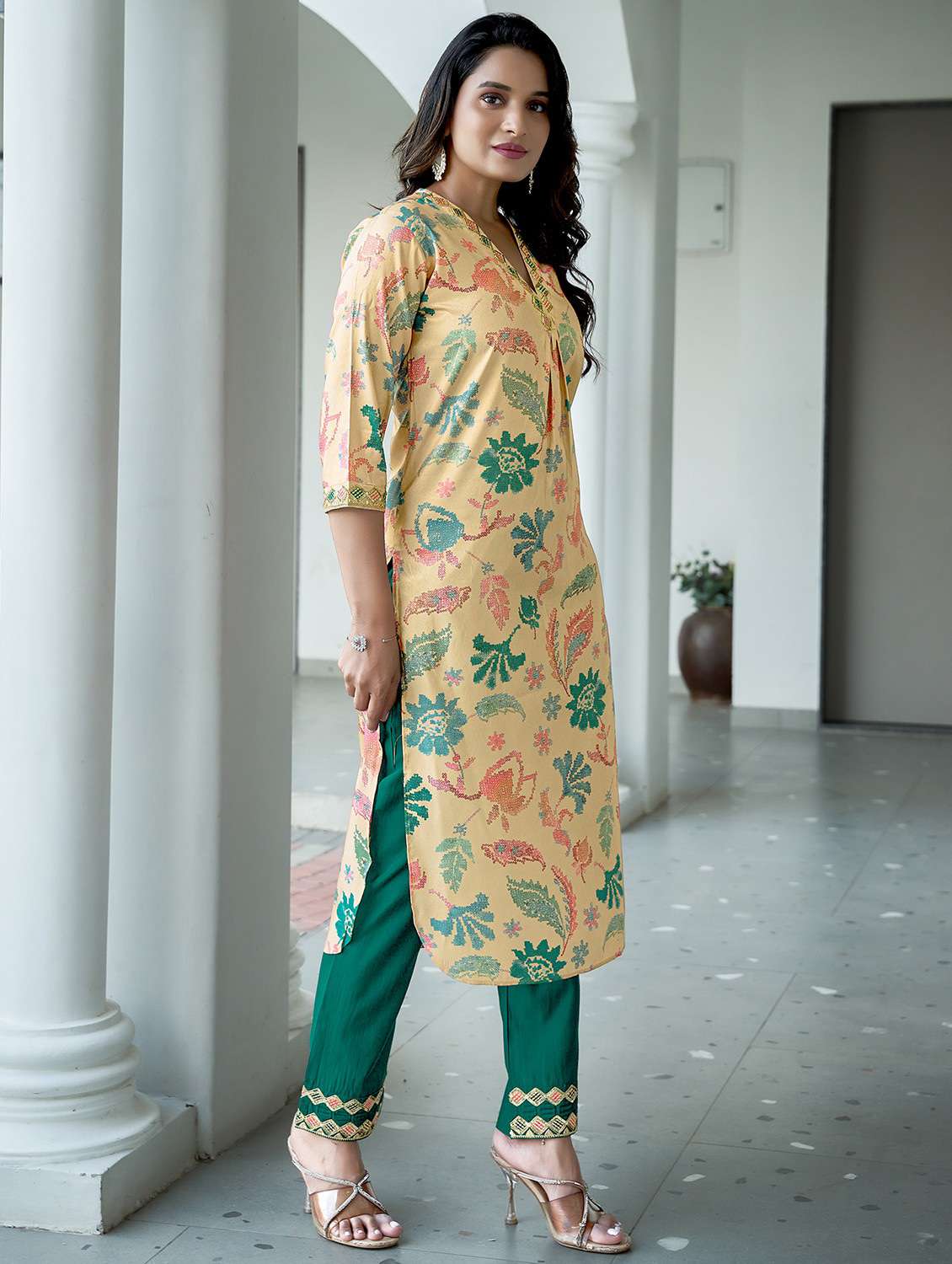 women three quarter sleeve kurta pant set - 21940405 -  Standard Image - 1