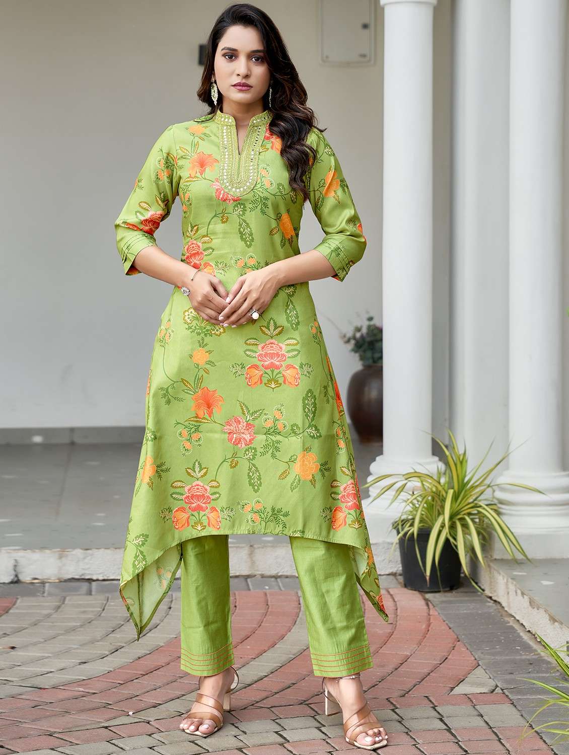 women three quarter sleeve kurta pant set - 21940406 -  Standard Image - 1
