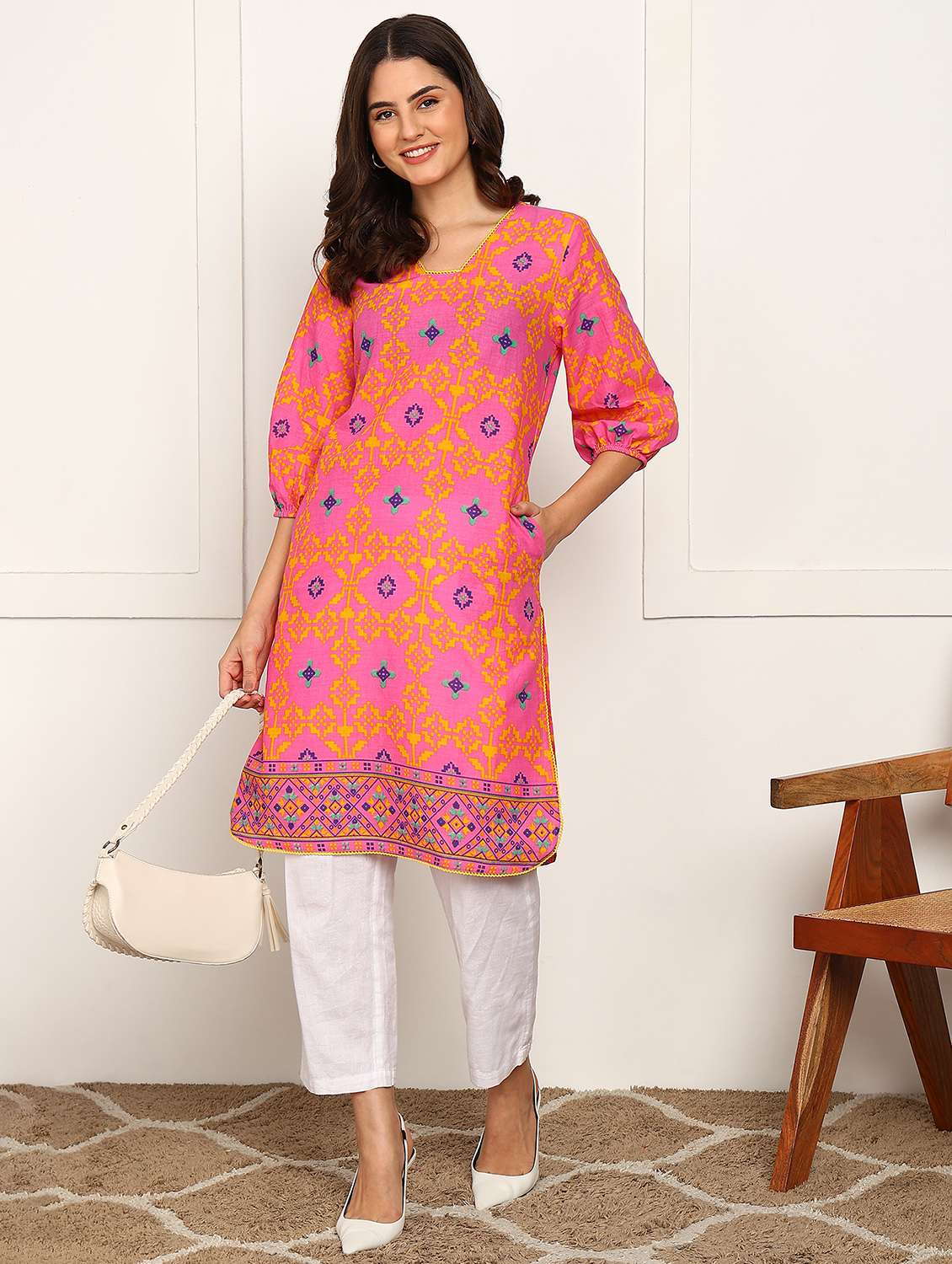 women three quarter sleeve a-line kurta