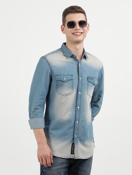 men faded long sleeve regular fit casual denim shirt - 21940470 -  Standard Image - 0
