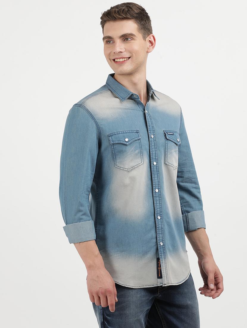 men faded long sleeve regular fit casual denim shirt - 21940470 -  Standard Image - 1