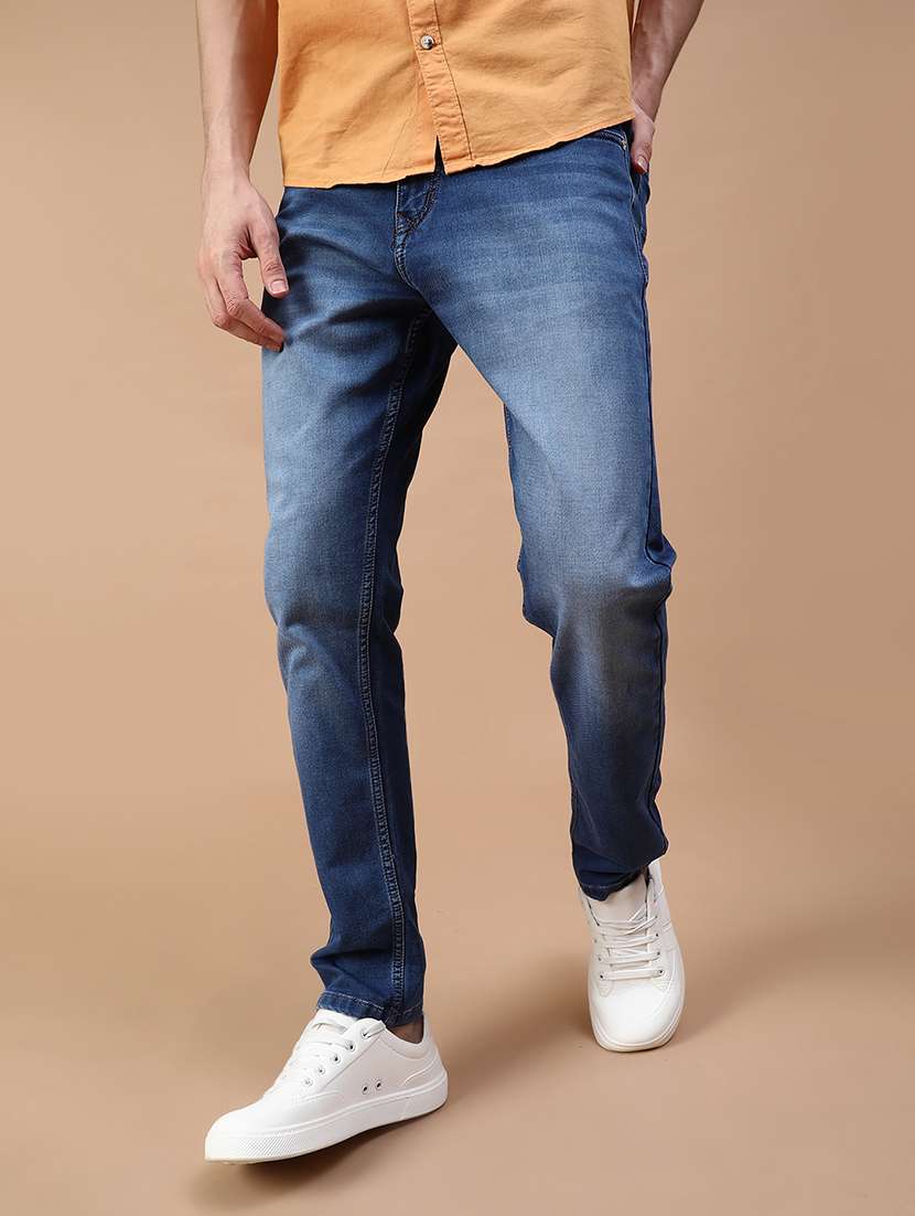 men washed mid rise full length jean