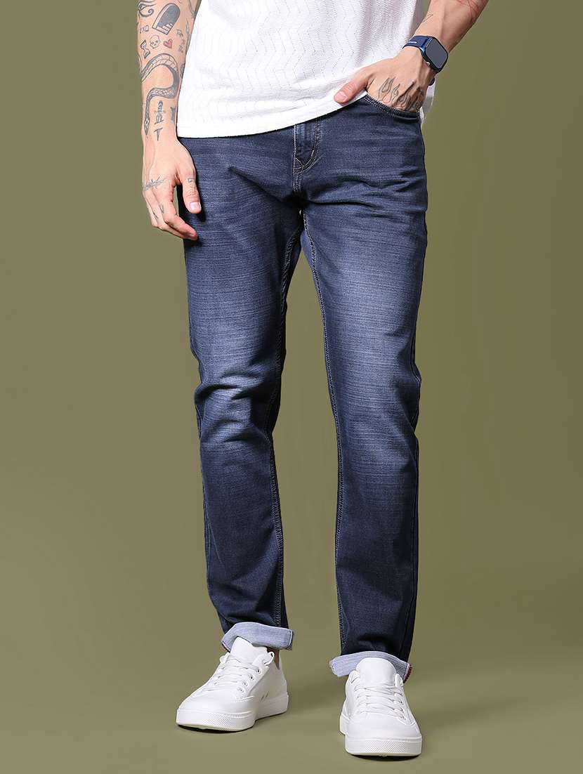 men washed mid rise full length jean