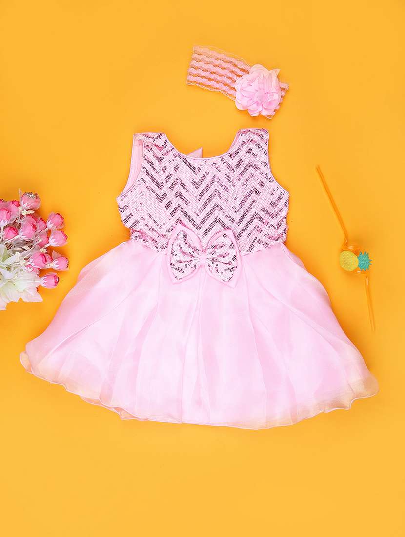 girls self designed sleeveless flared frock with hairband