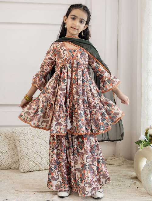 women paisley printed kurta sharara with dupatta set