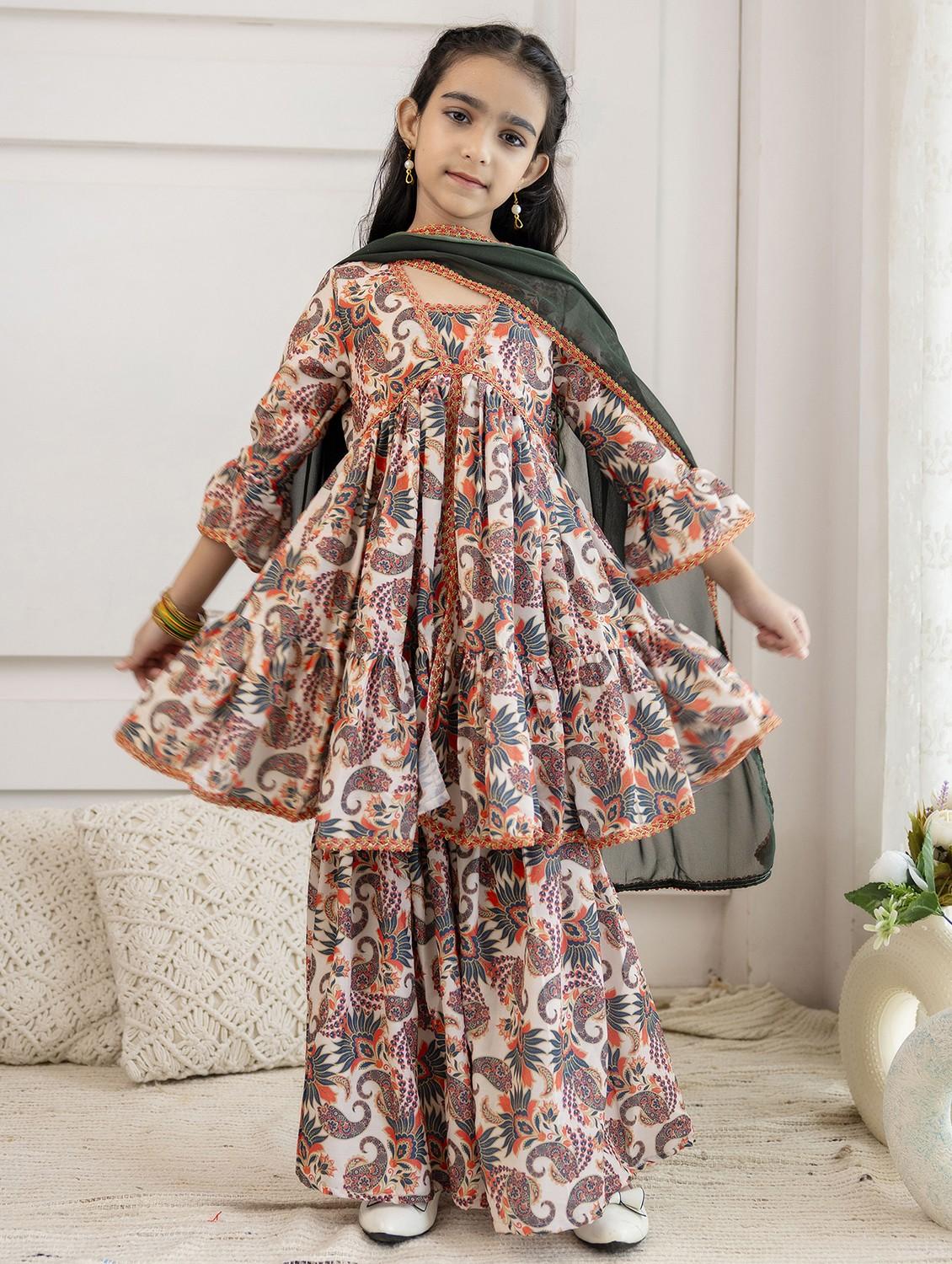 women paisley printed kurta sharara with dupatta set