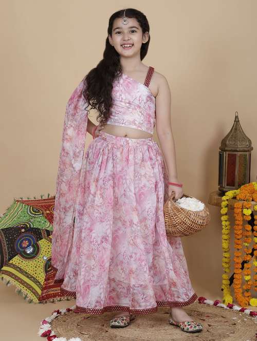 girls pink floral printed one shoulder skirt top set  - 21941006 -  Standard Image - 0