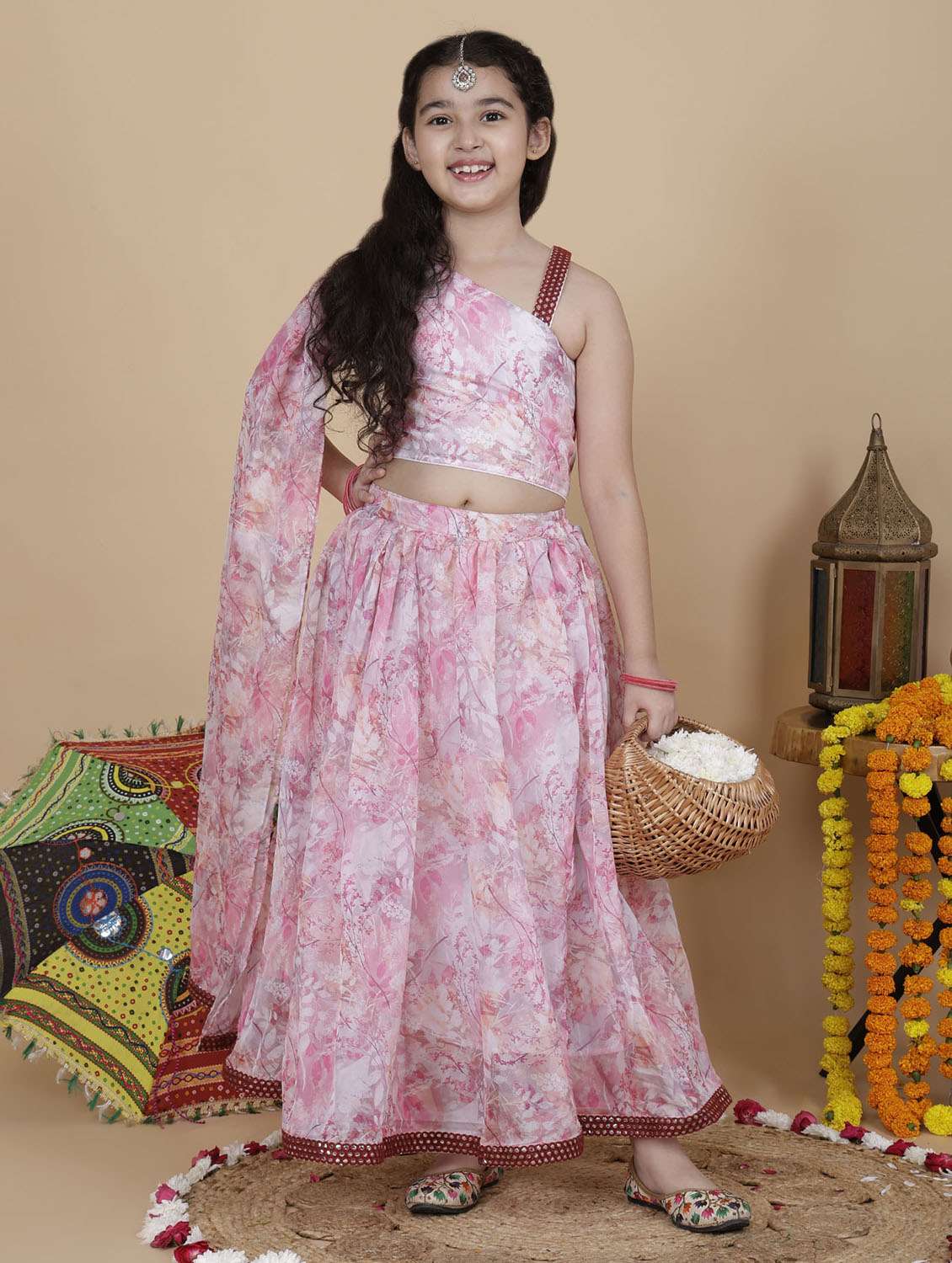 girls pink floral printed one shoulder skirt top set 