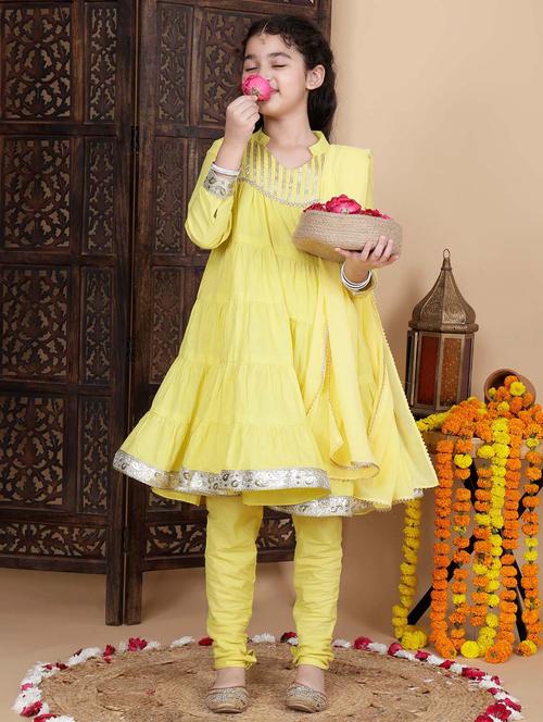 girls yellow mandarin neck kurta churidaar with dupatta set - 21941007 - Standard Image - 0