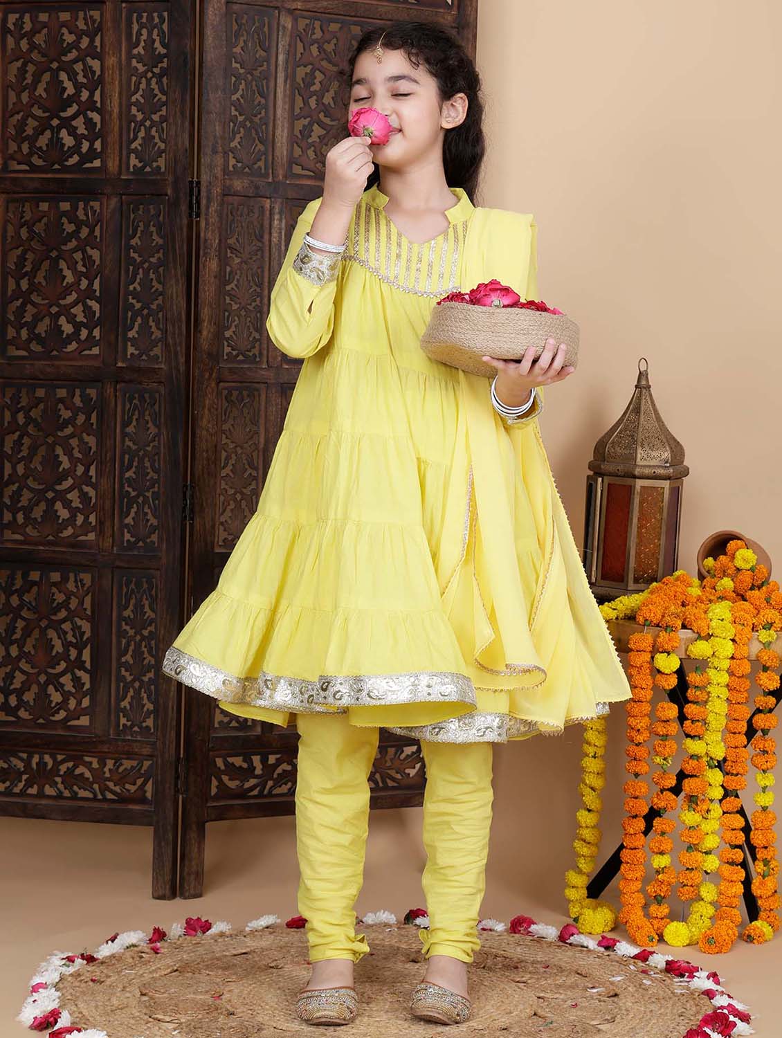 girls yellow mandarin neck kurta churidaar with dupatta set - 21941007 - Zoom Image - 0