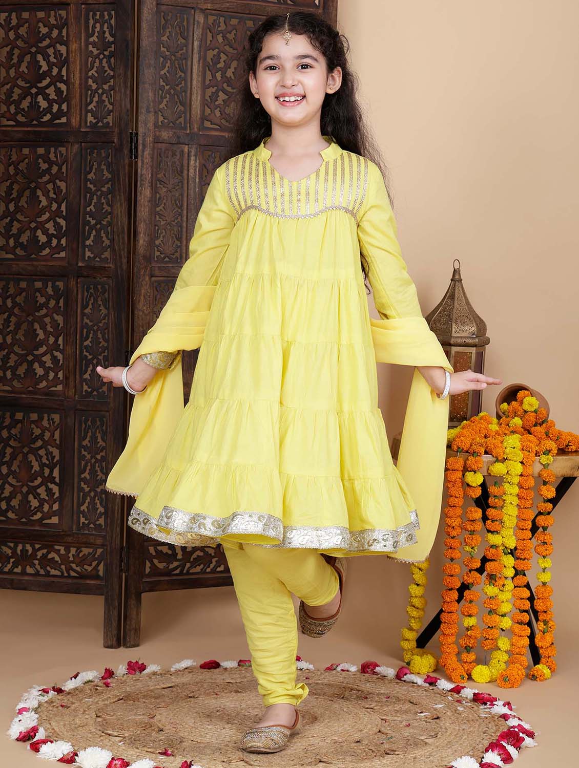 girls yellow mandarin neck kurta churidaar with dupatta set - 21941007 - Standard Image - 1